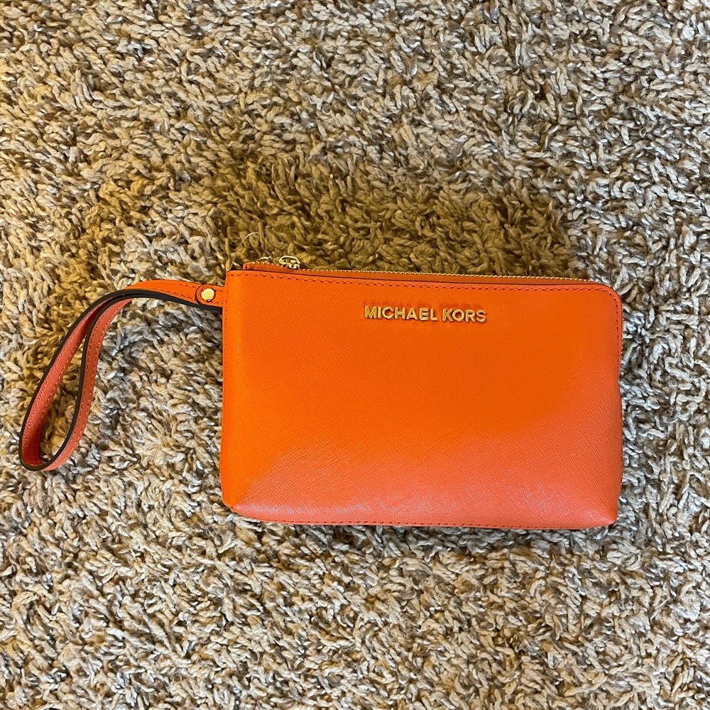 NWOT Michael Kors clutch wristlet two tone orange camel brown tan evening bag